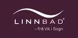 Logo til Linn Bad med hvit tekst og bølgeform på mørk burgunder bakgrunn, norsk leverandør av baderomsmøbler.